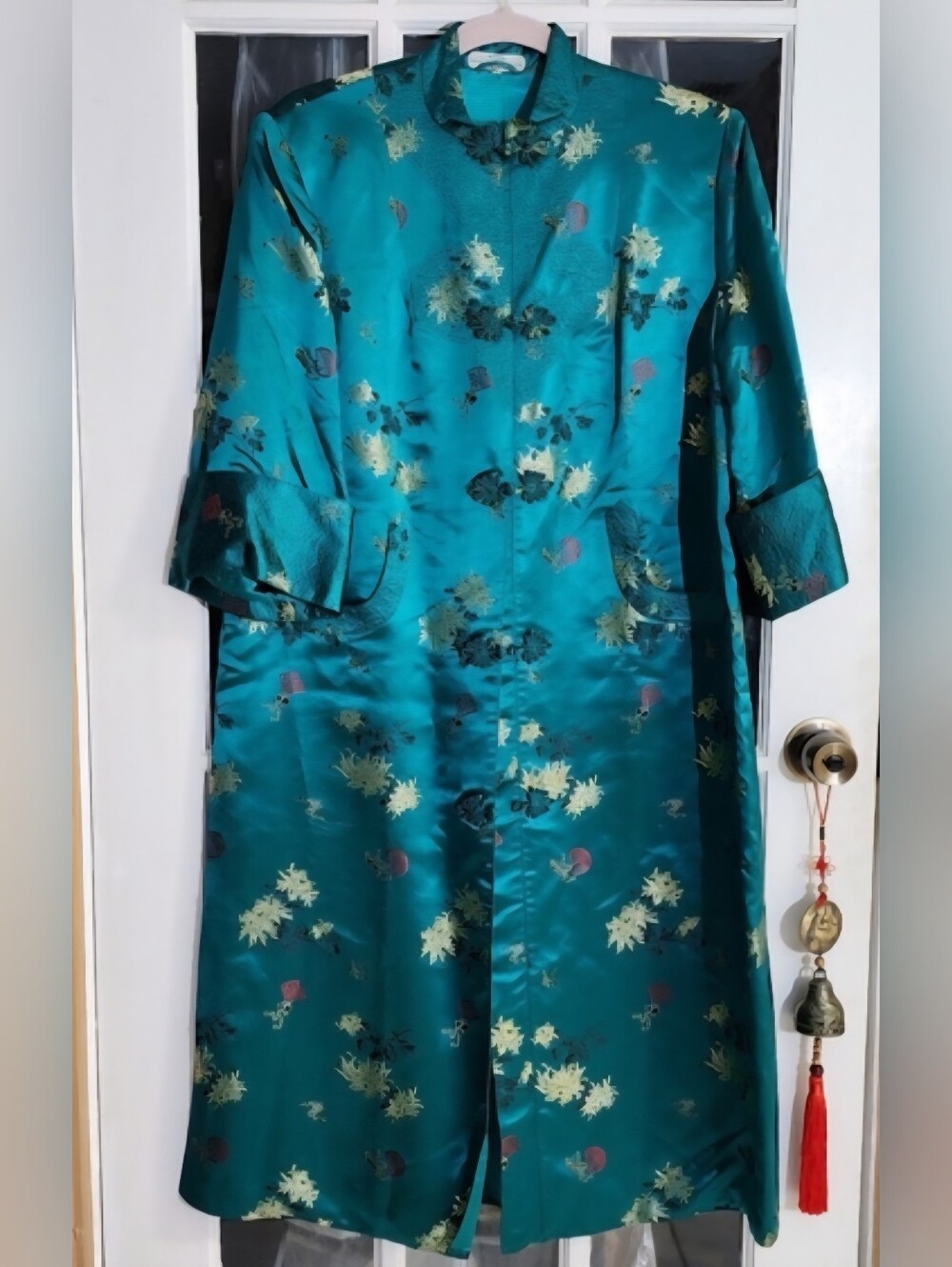 Vintage 60s/70s Makira 100% Silk Duster Coat, Teal Chinese Brocade Long Jacket